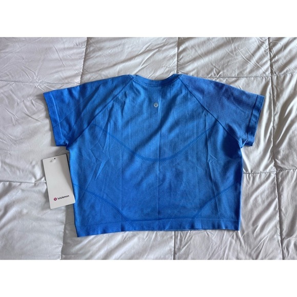 New Lululemon Women Size 12 Swiftly Tech Cropped Short Sleeve 2.0 Strip Blue - Picture 10 of 10